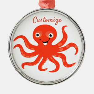 Cute Red Smiling Octopus Thunder_Cove  Metal Ornament