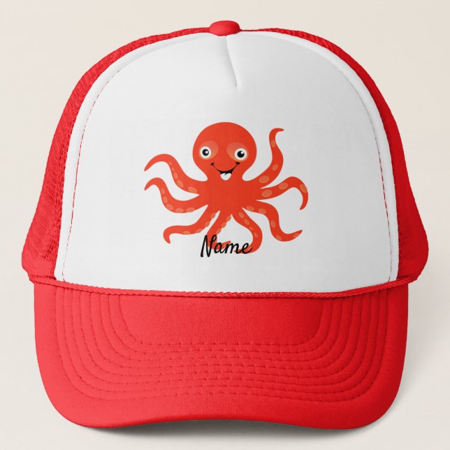 Cute Red Smiling Octopus Thunder_Cove Trucker Hat (Front)