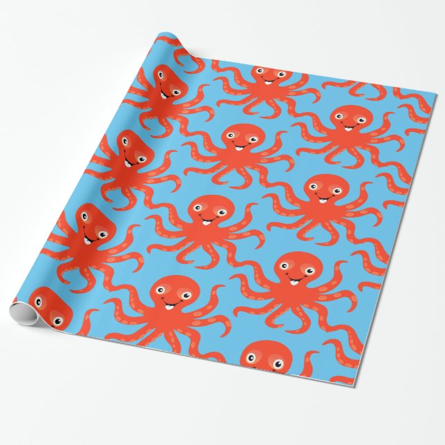 Cute Red Smiling Octopus Thunder_Cove Wrapping Paper (Unrolled)