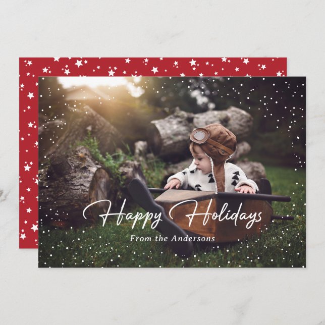 Cute Red Snow Stars Photo Holiday Card (Front/Back)