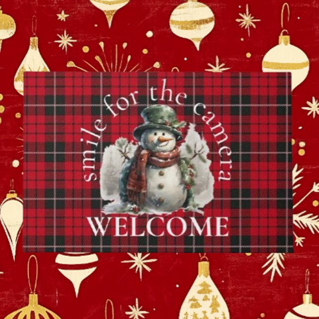 Cute Red Snowman Holiday Christmas Wishes Doormat (Bring warmth to your home this holiday season with Brett's cute red snowman doormat.)