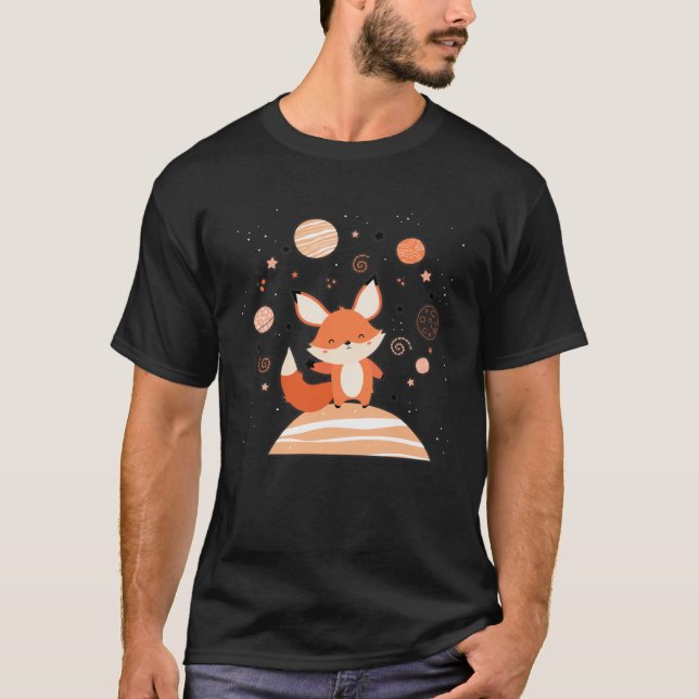Cute Red Space Fox Float In Space Alone Cosmic Ani T-Shirt (Front)