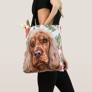 Cute Red Spaniel With Rose Flower Pattern Tote Bag