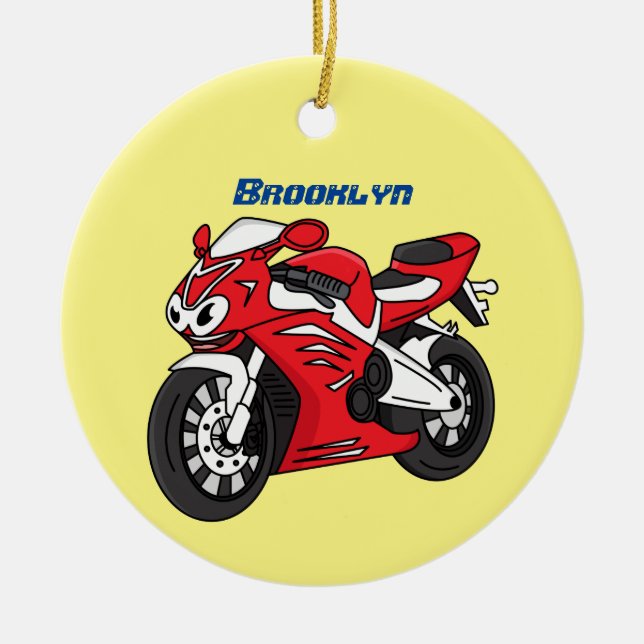 Cute red sports motorcycle cartoon  ceramic ornament (Front)
