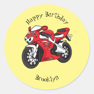 Cute red sports motorcycle cartoon classic round sticker