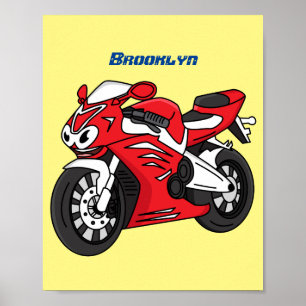 Cute red sports motorcycle cartoon poster