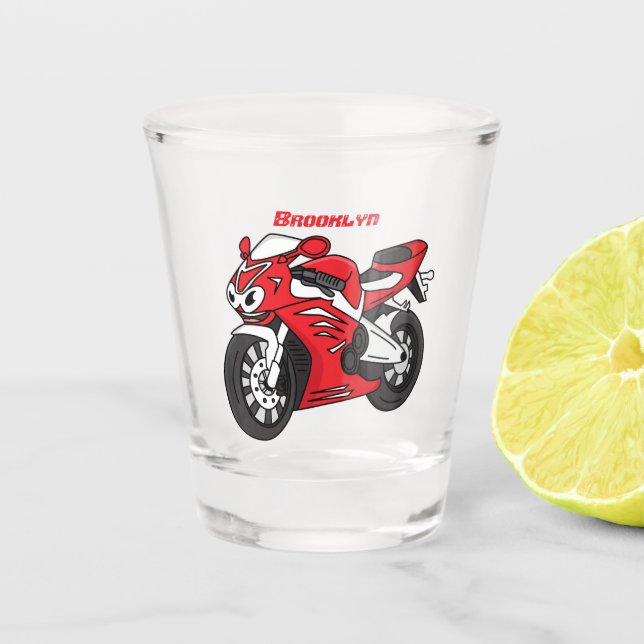 Cute red sports motorcycle cartoon shot glass (Front)