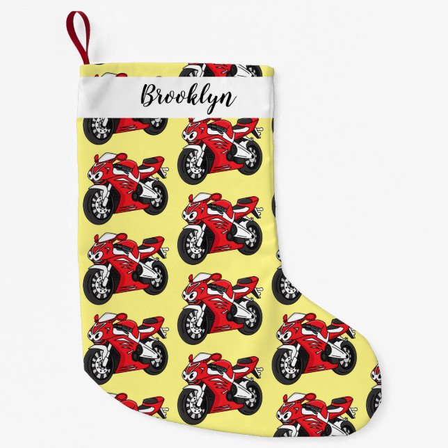 Cute red sports motorcycle cartoon  small christmas stocking (Front)