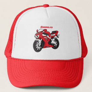 Cute red sports motorcycle cartoon trucker hat