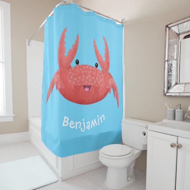 Cute red spotty crab cartoon illustration shower curtain (In Situ)