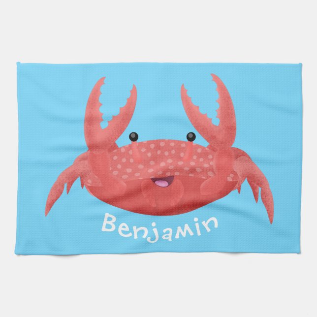 Cute red spotty crab cartoon illustration tea towel (Horizontal)