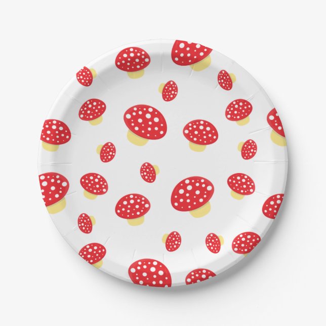 Cute Red Spotty Toadstool Mushrooms Pattern Paper Plate (Front)