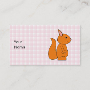 Cute Red Squirrel Cartoon on Pink Check Business Card