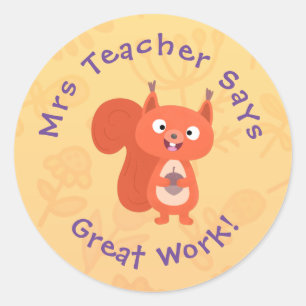 Cute red squirrel cartoon teacher award classic round sticker
