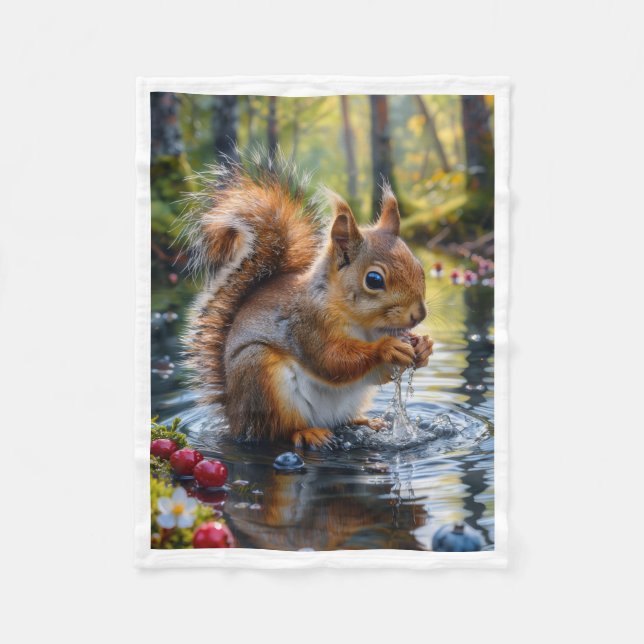 Cute Red Squirrel Drinking Water by Stream Fleece  Blanket (Front)
