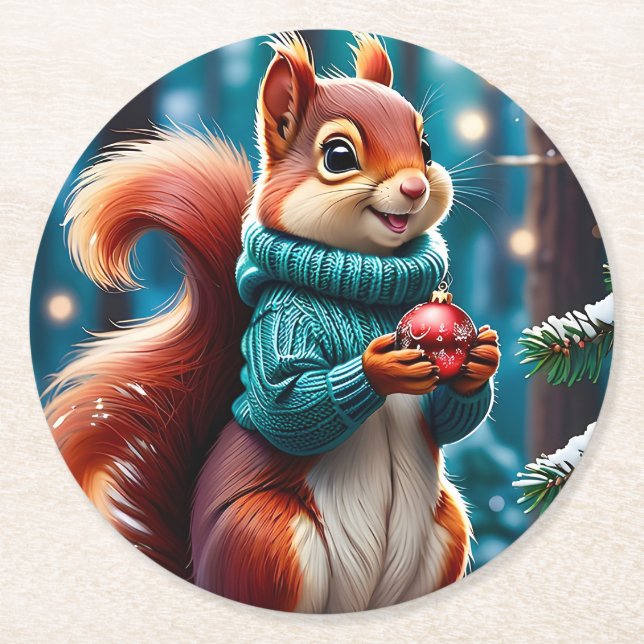 Cute Red Squirrel in Sweater Christmas Balls  Round Paper Coaster (Front)