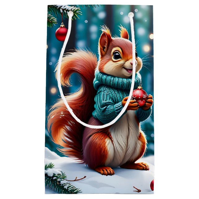 Cute Red Squirrel in Sweater Christmas Gift Bag (Front)