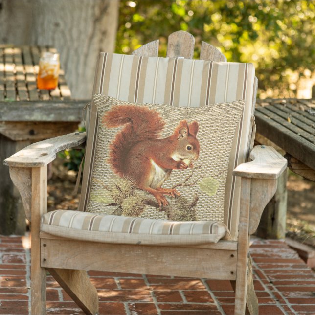Cute Red Squirrel On Faux Jute Burlap Texture Cushion (Chair)