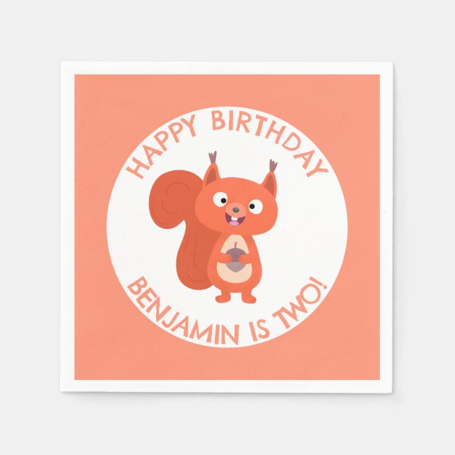 Cute red squirrel personalised cartoon birthday napkin (Front)