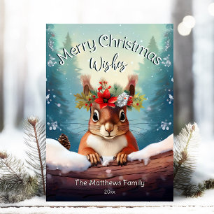 Cute Red Squirrel Snowy Forest Merry Christmas Holiday Card