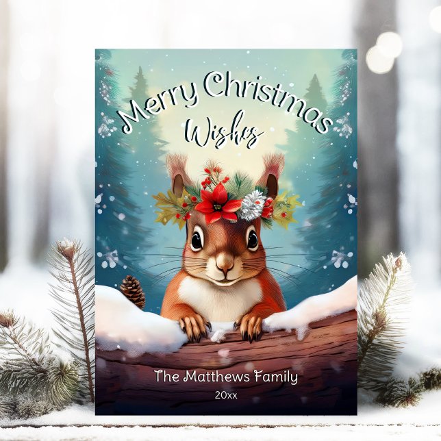 Cute Red Squirrel Snowy Forest Merry Christmas Holiday Card (Adorable Winter Snowy Scene With Peeking Dogs or Farm/Woodland Animals - Over 50 to Choose From!)