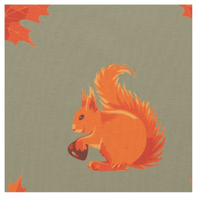 Cute Red Squirrel with Chestnut and Red Leaves Fabric (Close Up)
