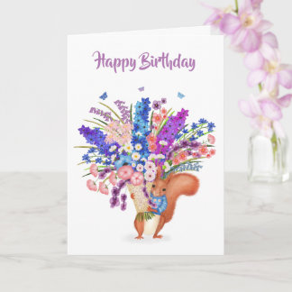 Cute red squirrel with flowers birthday card