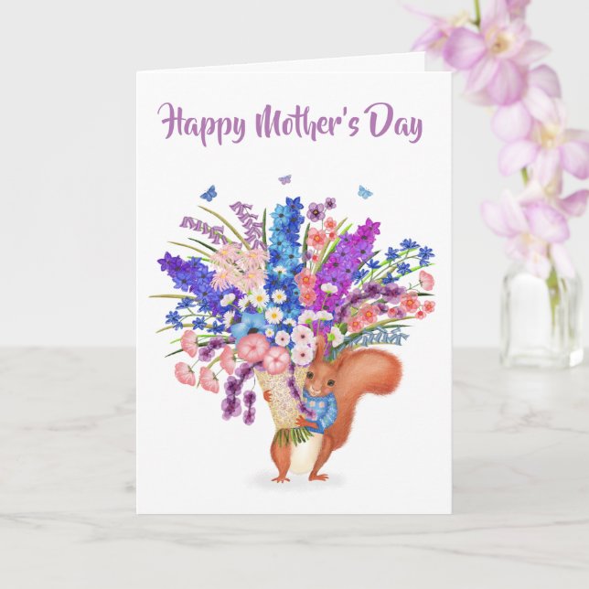 Cute red squirrel with flowers Mother's Day card (Orchid)