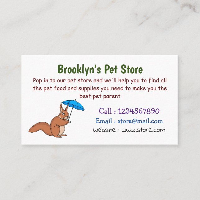Cute red squirrel with umbrella cartoon business card (Front)
