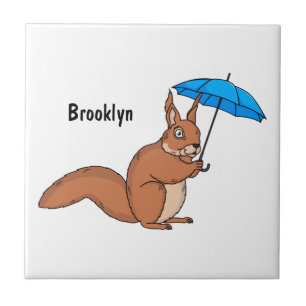 Cute red squirrel with umbrella cartoon ceramic tile