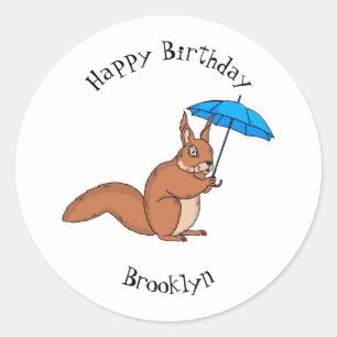 Cute red squirrel with umbrella cartoon classic round sticker