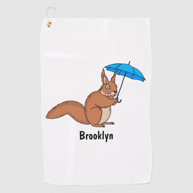 Cute red squirrel with umbrella cartoon golf towel (Front)