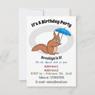 Cute red squirrel with umbrella cartoon invitation