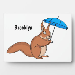Cute red squirrel with umbrella cartoon plaque