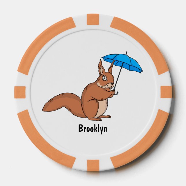 Cute red squirrel with umbrella cartoon poker chips (Front)