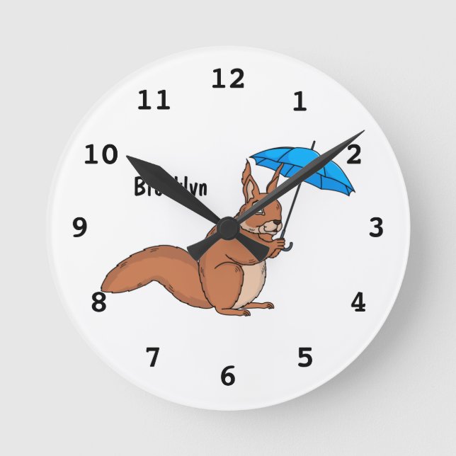 Cute red squirrel with umbrella cartoon round clock (Front)