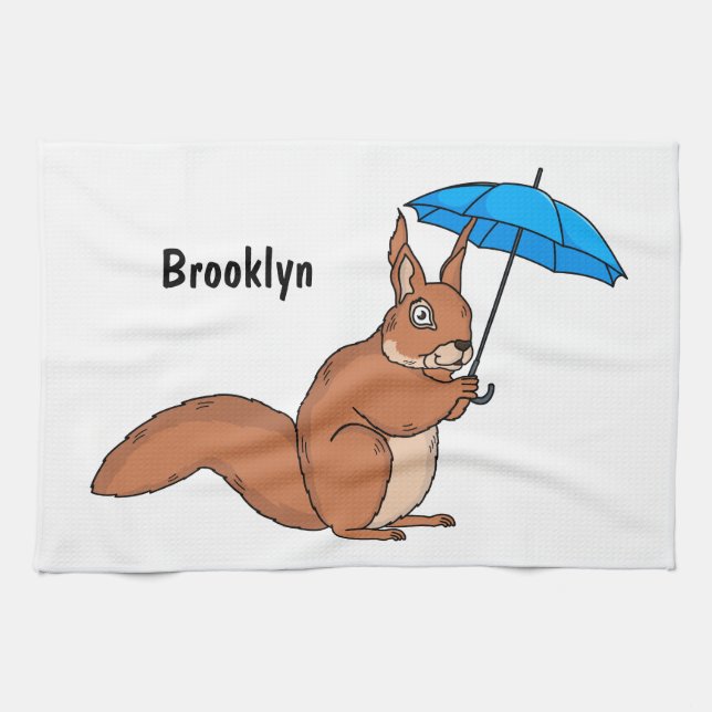 Cute red squirrel with umbrella cartoon  tea towel (Horizontal)