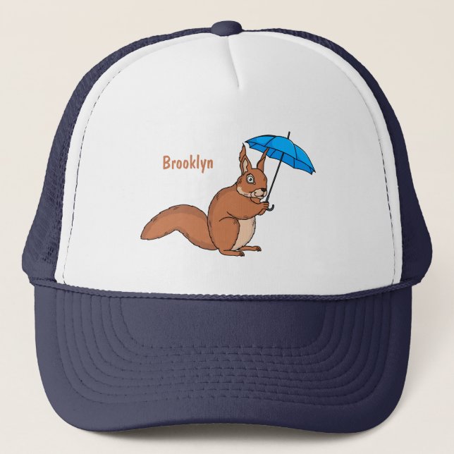 Cute red squirrel with umbrella cartoon trucker hat (Front)