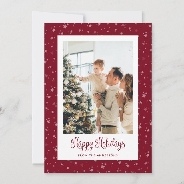 Cute Red Starry Photo Happy Holidays Cards (Front)