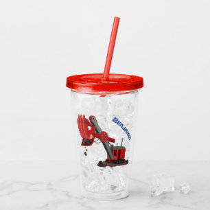 Cute red steam shovel digger cartoon illustration acrylic tumbler