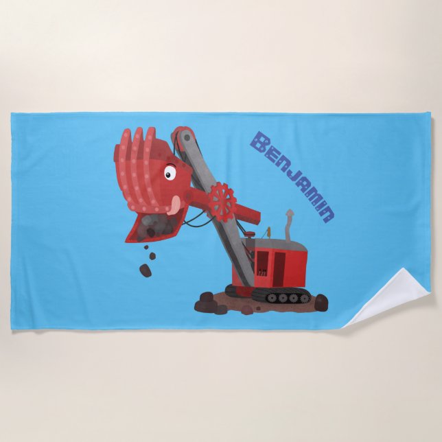 Cute red steam shovel digger cartoon illustration beach towel (Front)