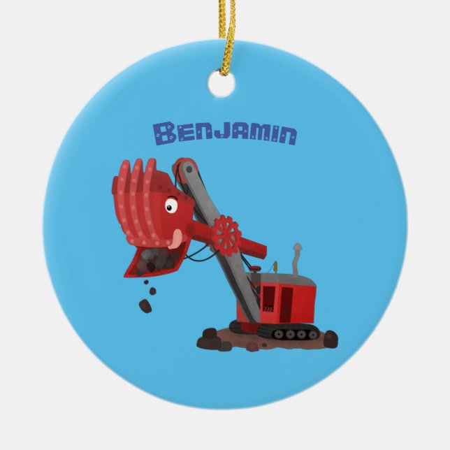 Cute red steam shovel digger cartoon illustration ceramic ornament (Front)