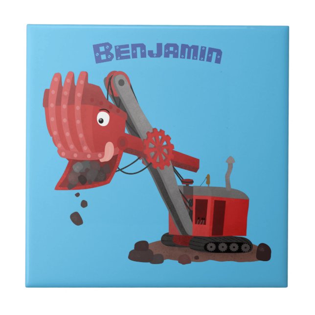 Cute red steam shovel digger cartoon illustration ceramic tile (Front)