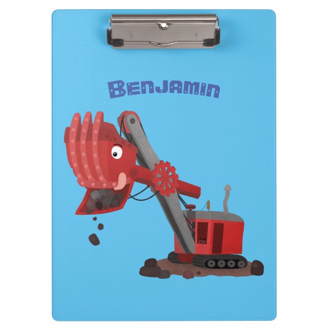 Cute red steam shovel digger cartoon illustration clipboard (Front)