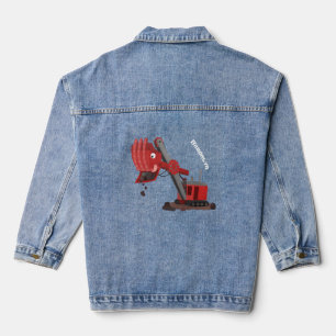 Cute red steam shovel digger cartoon illustration denim jacket