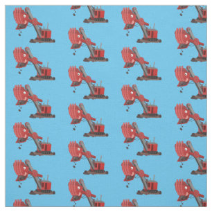 Cute red steam shovel digger cartoon illustration fabric
