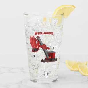 Cute red steam shovel digger cartoon illustration glass