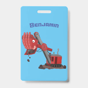 Cute red steam shovel digger cartoon illustration ID badge