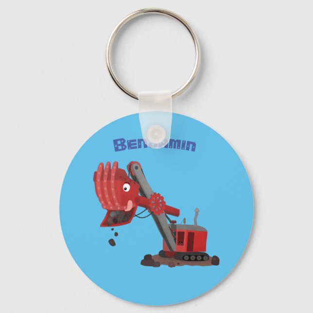 Cute red steam shovel digger cartoon illustration key ring (Front)