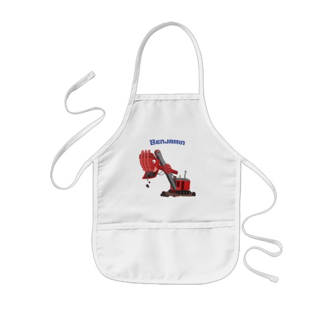 Cute red steam shovel digger cartoon illustration kids apron (Front)